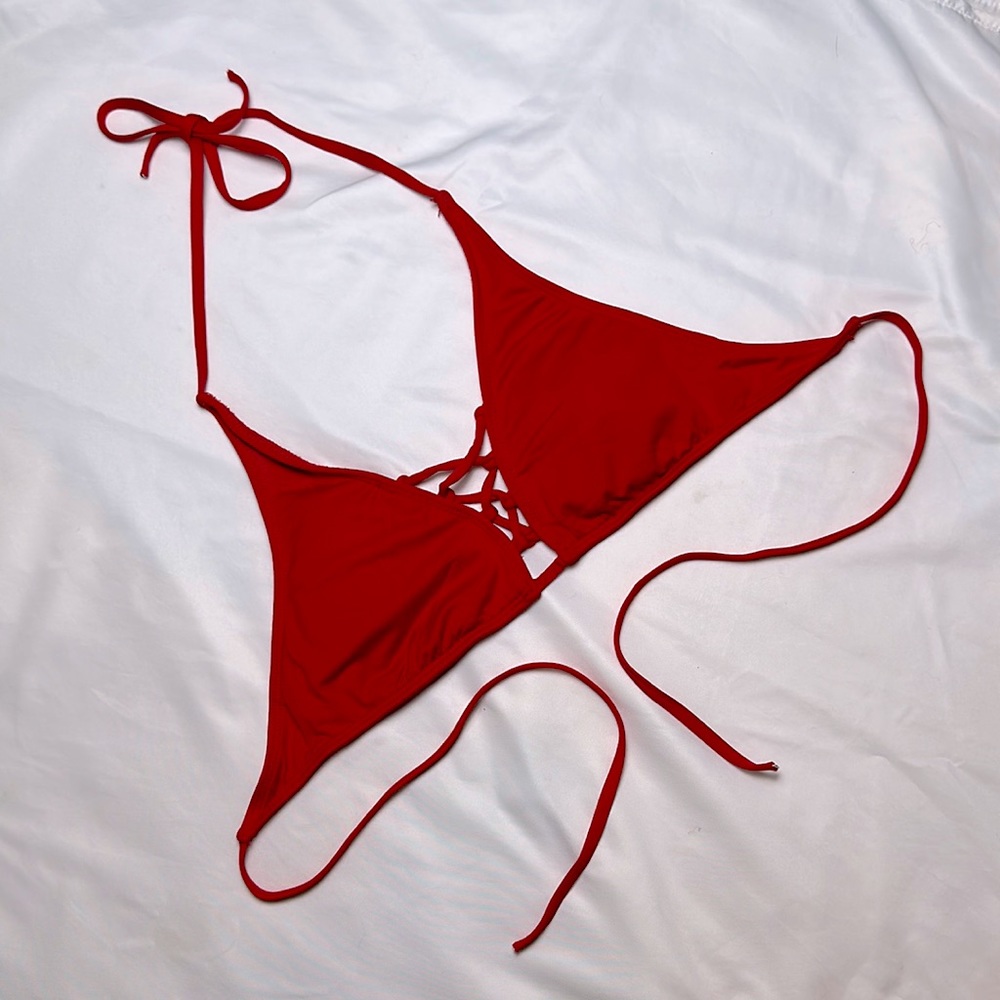Red traingle bikini top with corset/ lace up accent